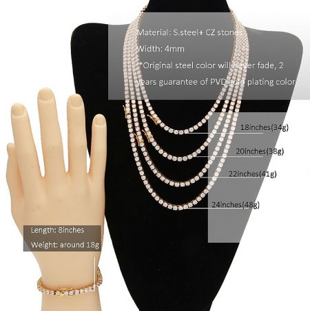 Close-up view of the CZ stone multi-strand necklace and bracelet.