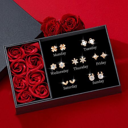 Weekly earring gift set in a presentation box with roses, part of the 925 silver collection.