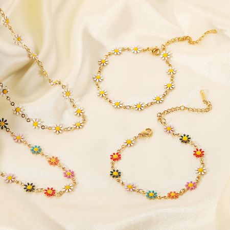 A collection of Korean-style daisy bracelets in multiple color options.