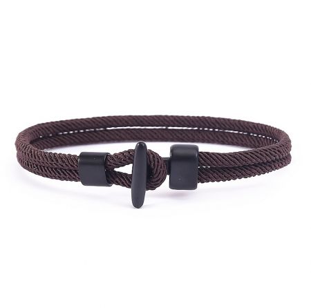 Dark brown nylon wrist rope bracelet for men with an adjustable black clasp.