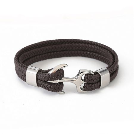 Men's Stainless Steel Anchor Bracelet with Genuine Leather - A men's stainless steel anchor bracelet featuring a dark brown braided genuine leather band and a polished silver anchor clasp.