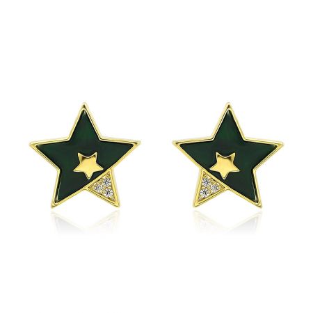Star Emerald Earrings with Cubic Zirconia - A pair of Star Emerald Earrings by JR Fashion Accessories, featuring a star shape with dark green enamel, gold-plated bezels, and sparkling cubic zirconia stones.