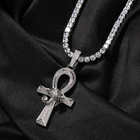 Ankh Cross Pendant Necklace For Men - A striking diamond-encrusted Ankh Cross pendant necklace for men, crafted by JR Fashion Accessories, resting on a luxurious black background.
