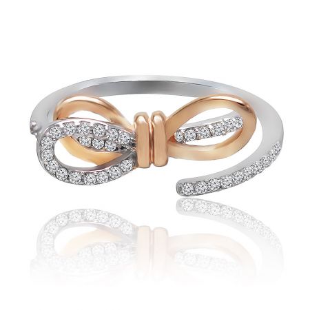 Tied Ribbon Bow Ring - Close-up of the Tied Ribbon Bow Ring, showcasing its dual-tone silver and rose gold design with a diamond-encrusted bow motif.