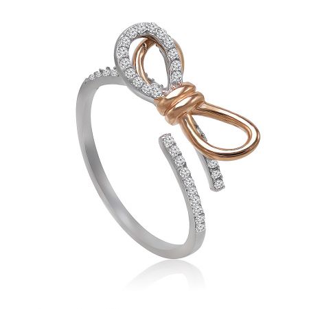 Detailed view of the intricate bow design on the Tied Ribbon Bow Ring, highlighting the mix of silver, rose gold, and sparkling cubic zirconia.