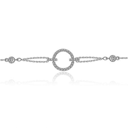 Angled view of the bracelet highlighting the central circle with small stones and flower-like side designs.