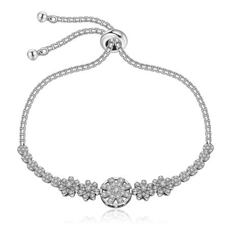 Fancy Flower Silver Bracelet - The Fancy Flower Silver Bracelet, showcasing its rhodium-plated finish, intricate flower clusters set with white cubic zirconia, and an adjustable drawstring closure.
