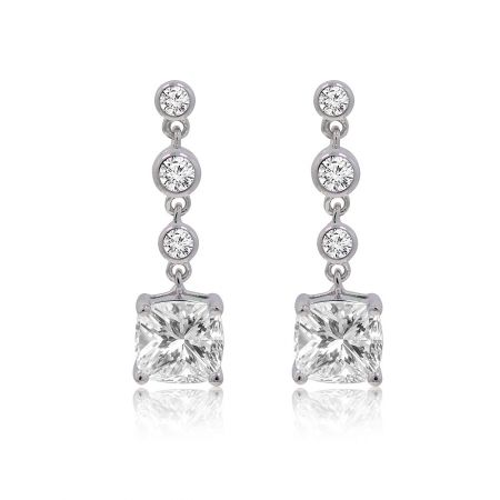 Swing Cushion Cut Drop Earrings - A pair of Swing Cushion Cut Drop Earrings featuring a large square-cut cubic zirconia stone suspended below three smaller round stones, all set in rhodium-plated brass.