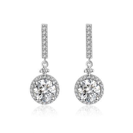 White CZ Round Drop Earrings - White CZ Round Drop Earrings featuring a silver dangle design with a rectangular bar and a brilliant circular cubic zirconia pendant.