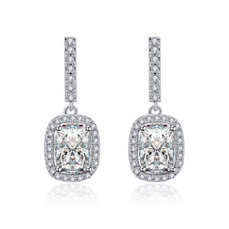 Sophisticated Rectangle Shape CZ Drop Earrings - A pair of sophisticated rectangle shape CZ drop earrings with large emerald-cut cubic zirconia stones, set in rhodium-plated brass, shown against a clean white background.