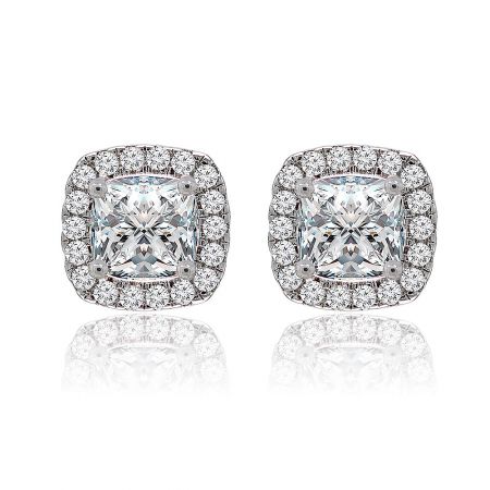 Square Passion Studs - Front view of the Square Passion Studs, featuring a large cushion-cut cubic zirconia surrounded by a halo of smaller stones in a rhodium-plated setting.