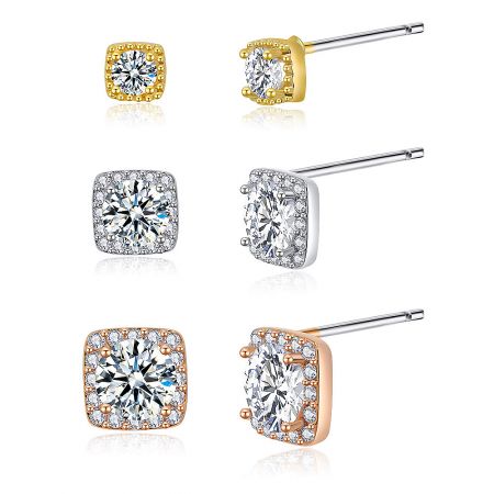 The complete set of three pairs of square pave stud earrings displayed together.