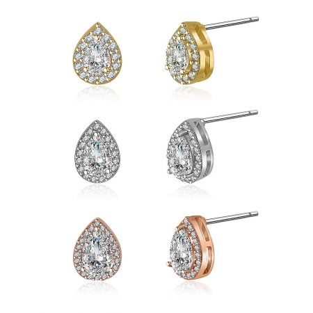 A styled shot of the three pairs of teardrop stud earrings, showing their relative sizes and brilliant shine.