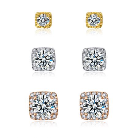 Set of 3 Pairs Square Pave Stud Earrings - A set of three pairs of square pave stud earrings in gold, silver, and rose gold plated settings, each adorned with sparkling cubic zirconia stones.