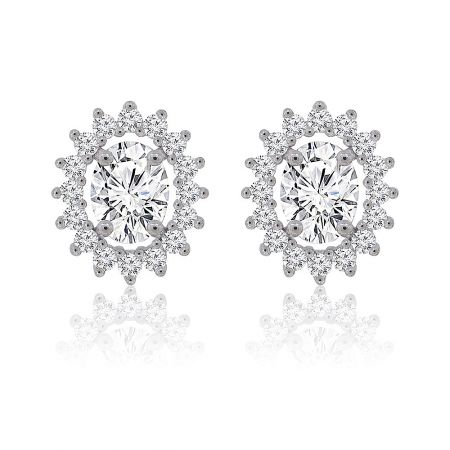 Oval Halo Stud Earrings - A pair of classic oval halo stud earrings with a central cubic zirconia stone, set in rhodium-plated brass, shown on a clean white background.
