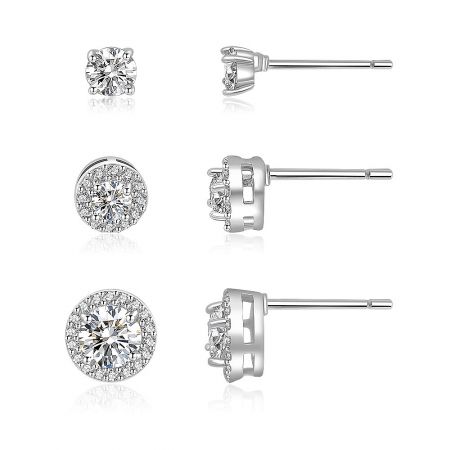 3 Pairs Rhodium Pave Stud Earrings - A set of three pairs of rhodium pave stud earrings with cubic zirconia, shown in three different sizes and settings.