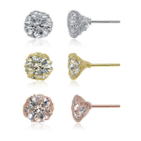 Close-up view of the three-pair CZ stud earrings in silver, gold, and rose gold finishes.