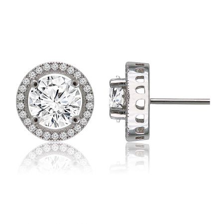 Another angle of the Radiant Round Stud Earrings, emphasizing the shimmering rhodium plating and intricate halo design.