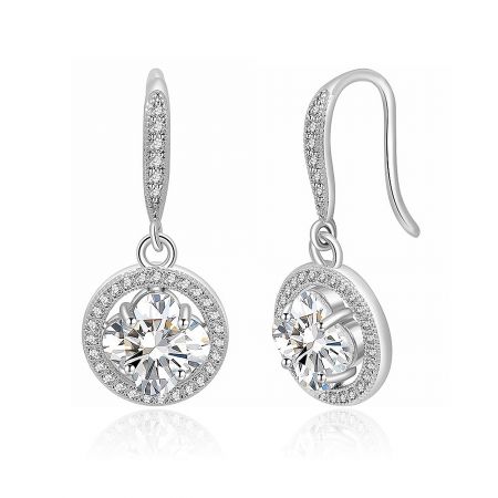 Close-up detail of the round zirconia hook earrings, highlighting the large central stone and surrounding smaller stones.