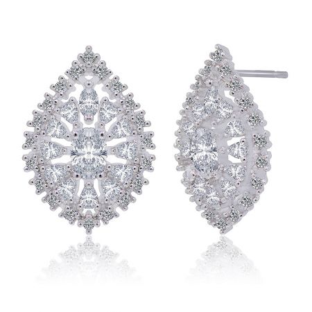 Detailed shot of the silver stud earrings, showing the leaf-like pattern of cubic zirconia stones.