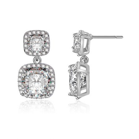Close-up view of the square-shaped design of the cushion cut bridal drop earrings, showing the large central CZ stone surrounded by smaller stones.