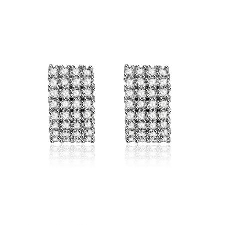 Dazzling Clear CZ Cluster Huggie Earrings - A pair of Dazzling Clear CZ Cluster Huggie Earrings featuring a sparkling grid pattern of cubic zirconia stones on a rhodium-plated brass base.