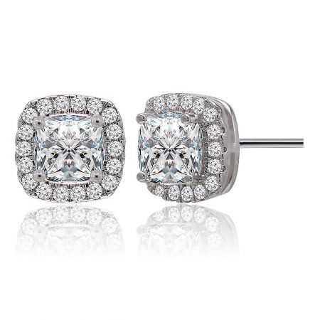 Angled view of the Square Passion Studs, highlighting the intricate silver setting and the central cushion-cut cubic zirconia.