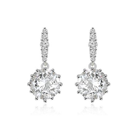 Round Prong Setting Dangle Earrings - A detailed view of the Round Prong Setting Dangle Earrings, highlighting the central round cubic zirconia stone encircled by a halo of smaller sparkling stones.