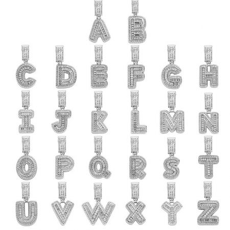 Custom Name & Initial Hip Hop Jewelry Manufacturing - A full alphabet collection of custom diamond-encrusted initial letter pendants, showcasing the manufacturing capabilities of JR Fashion Accessories for hip hop jewelry.