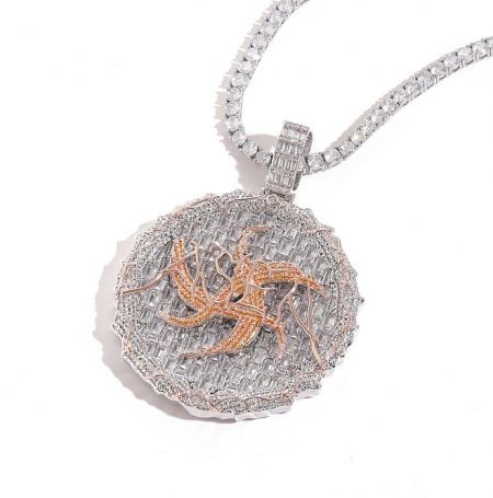 Iced-out custom pendant with a rose gold starfish design, encrusted with cubic zirconia.