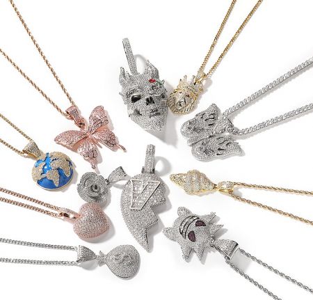 Custom Hip Hop Pendant - A collection of custom-made hip hop pendants with intricate diamond-encrusted designs, showcasing the manufacturing capabilities of JR Fashion Accessories.