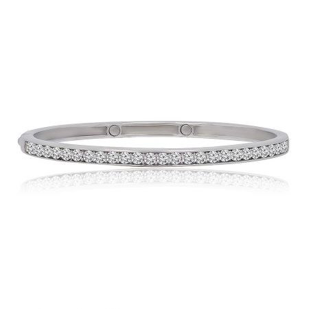 Eye On Me Bangle - The Eye On Me Bangle, a rhodium-plated brass bracelet featuring a full circle of princess cut cubic zirconia stones.