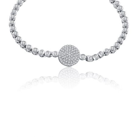 Round Pave Tennis Bracelet - Close-up view of the Round Pave Tennis Bracelet, showcasing the intricate pave setting with sparkling cubic zirconia stones on a rhodium-plated band.