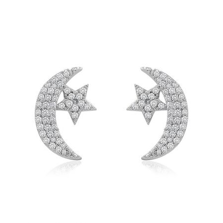 Moon And Star Cubic Post Earring - A pair of silver Moon and Star Cubic Post Earrings, model BEQ04-R-Z-01520, encrusted with sparkling white cubic zirconia stones.