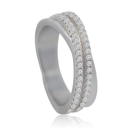 Side view of the 4MM Cross Over Band Ring, highlighting the sparkle of the diamond-encrusted bands.