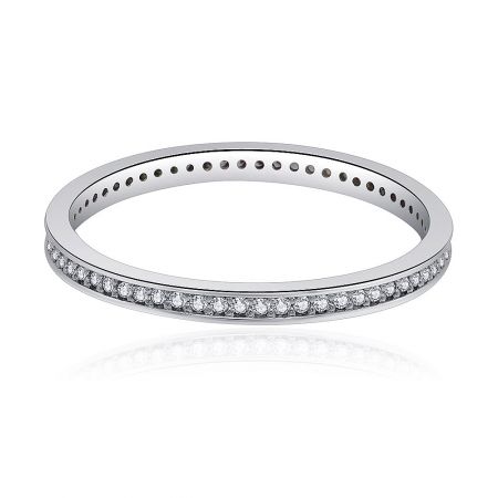 Fine Eternity Band Ring - A close-up of the Fine Eternity Band Ring, showcasing its brilliant, diamond-like cubic zirconia stones set in a rhodium-plated brass band.