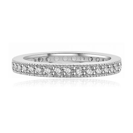 Single Band Eternity Ring - A close-up view of the Single Band Eternity Ring, showcasing its rhodium-plated finish and channel-set cubic zirconia stones that sparkle brilliantly.