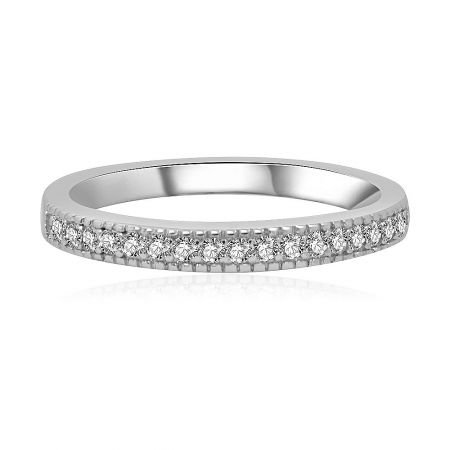 Wholesale Eternity Wedding Band - A close-up view of the wholesale eternity wedding band, showcasing its polished rhodium-plated finish and a row of sparkling simulated diamonds.