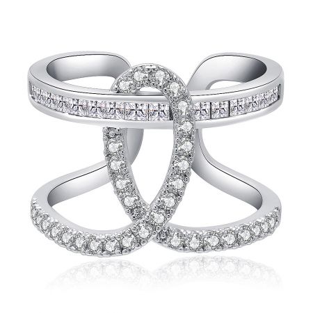 Cubic Zirconia Endless Cross Ring - A close-up of the Cubic Zirconia Endless Cross Ring, showcasing its intricate X-shaped design and sparkling white CZ stones set in rhodium-plated brass.