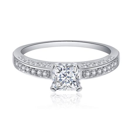 Princess Cut 5MM CZ Ring - Princess Cut 5MM CZ Ring featuring a square-cut cubic zirconia center stone and round side stones on a rhodium-plated band.
