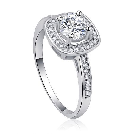 Close-up view of the square princess cut CZ engagement ring, highlighting the halo setting.