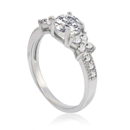 Angled perspective of the Dreamy Bridal Ring, displaying the brilliance and sparkle of the three main stones.