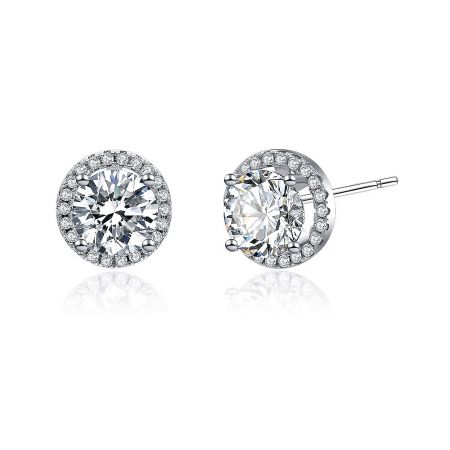 Close-up view of the round CZ halo stud earring, highlighting the brilliant stones and silver setting.