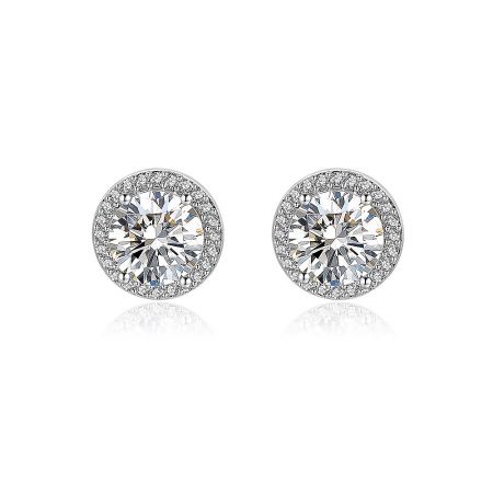 Round Zirconia Cluster Stud Earrings - A pair of Round Zirconia Cluster Stud Earrings with a halo setting in rhodium-plated brass, showcasing a central round stone.