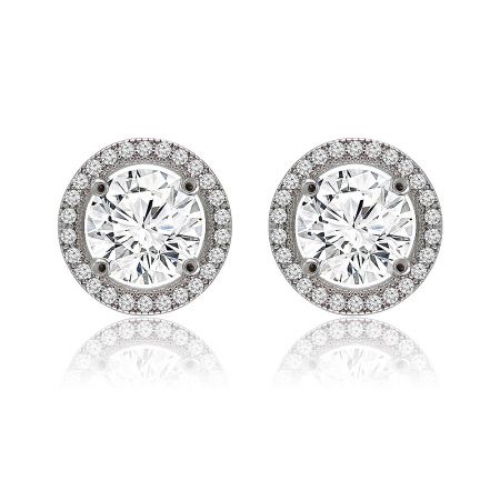 Radiant Round Stud Earrings - A close-up of the Radiant Round Stud Earrings, showcasing the central cubic zirconia stone in a brilliant halo setting made of rhodium-plated brass.