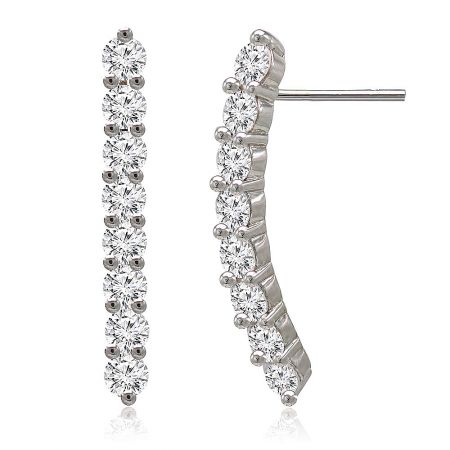 Close-up of the curved bar earrings highlighting the multiple round cubic zirconia stones set in polished rhodium-plated brass.