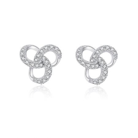 Small Twisted Love Knot Stud Earrings - A pair of small twisted love knot stud earrings, crafted from rhodium-plated brass and sparkling with white cubic zirconia stones, displayed on a clean white background.