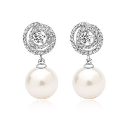 Swirl Round 10mm Pearl Drop Earrings - A close-up of the Swirl Round 10mm Pearl Drop Earrings, showcasing the intricate rhodium-plated swirl design studded with sparkling cubic zirconia, leading down to a lustrous 10mm white shell pearl.