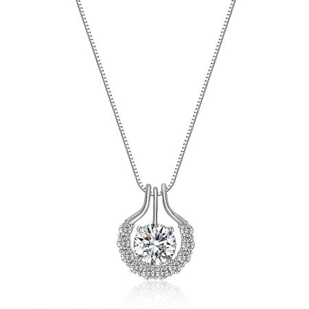 CZ Round Drop White Gold Pendant - A close-up of the CZ Round Drop White Gold Pendant, showcasing its brilliant central cubic zirconia stone set in a rhodium-plated brass setting.