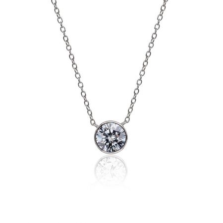 Classic Solitaire CZ Pendant in Rhodium - A classic solitaire CZ pendant necklace with a brilliant round-cut stone on a delicate rhodium-plated chain, displayed against a white background.
